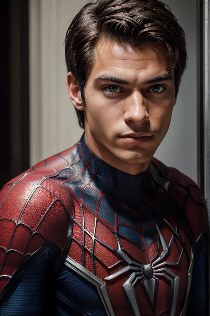 A photograph of spider man, no mask, 20 yo, handsome, detailed face, looking at camera, portrait, 8k uhd, high quality