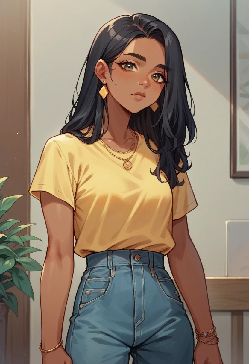 Dark skin young woman in a soft yellow shirt, long black hair, boho chic luxury home interior 