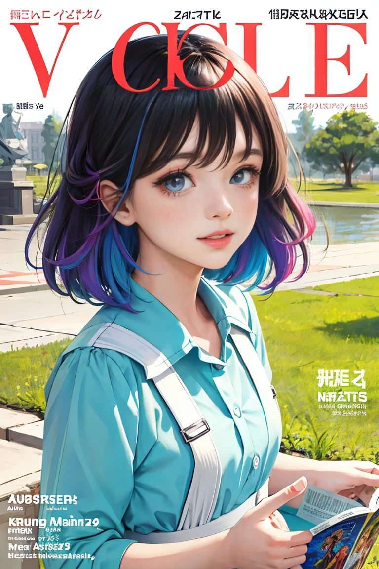 masterpiece, best quality, spring outfit, colorful hair, outdoor, magazine cover ,upper body,