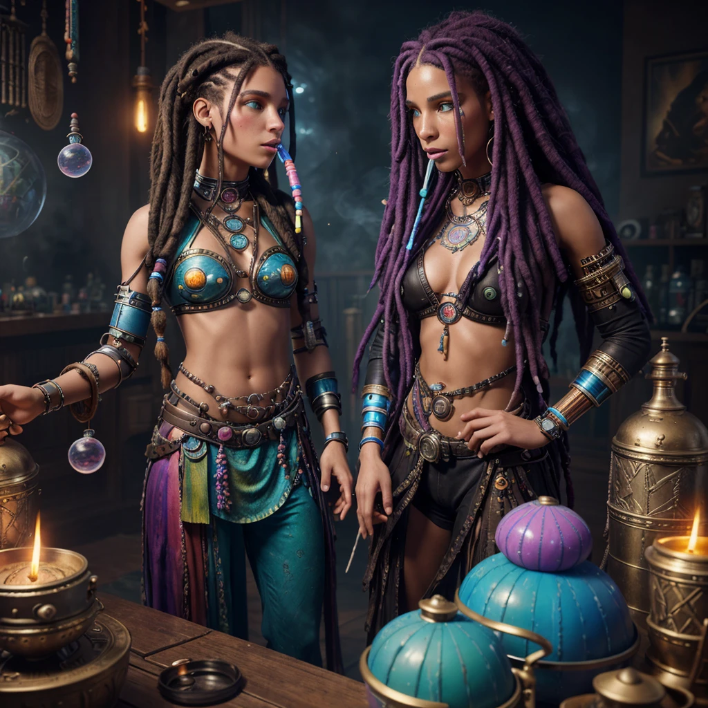 there are two women with dreadlocks blowing bubbles in a dark room, darius zawadzki and tom bagshaw, a teen biopunk cyborg, psychedelic colorization, smoking vessels, 3 d render of a shaman, oxygen mask, beautiful gemini twins, blowing bubblegum, hippie fashion
