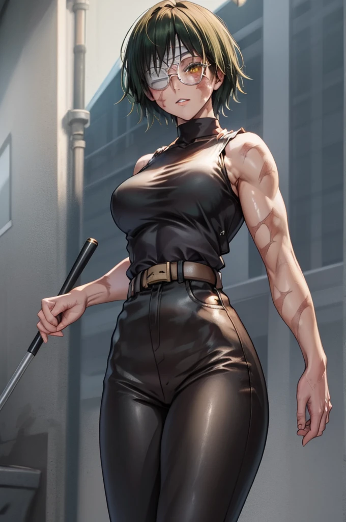 MakiShS1, solo, scar, short hair, 1girl, scar on face, looking at viewer, glasses, burn scar, green hair, sleeveless, belt, pants, bangs, cowboy shot, shirt, muscular, bandages, round eyewear, bandage over one eye, normal breasts, bare shoulders, closed mouth, muscular female, turtleneck, yellow eyes, black pants, black shirt, scar on arm, parted lips, black clothes, sleeveless shirt, high-waist pants, suicide, almost die, BREAK
masterpiece, best quality, highly detailed background, perfect lightingbest quality, ((shiny skin, glossy skin, detailed skin))