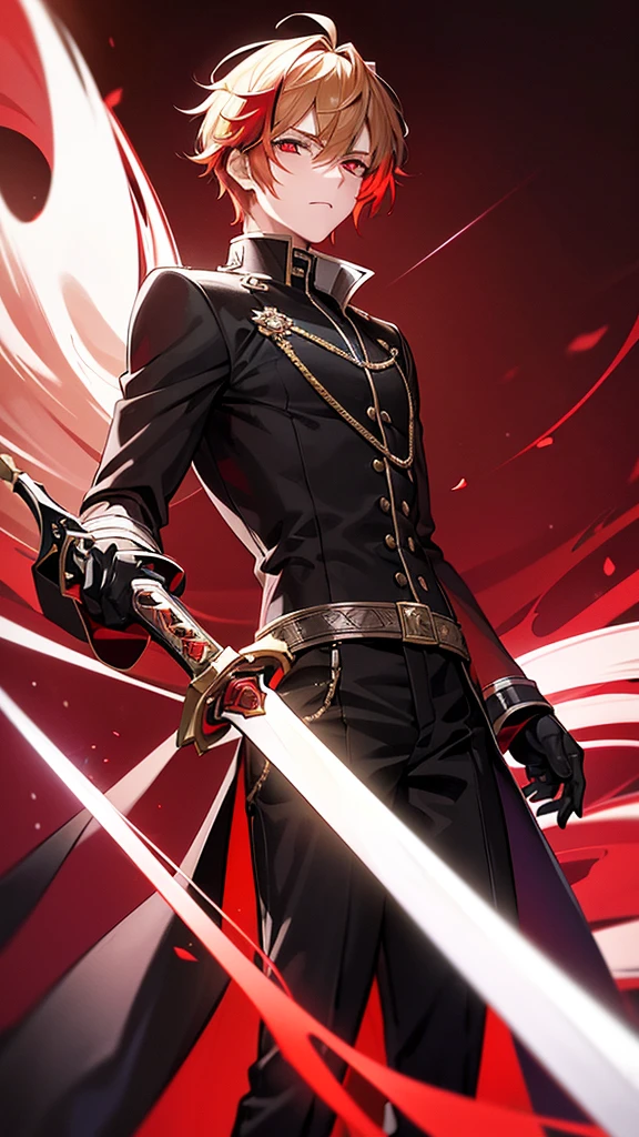 A 17 year old high school boy , short blonde hair with a red streak , crimson eyes shining, with a black jacket with black tones of a swordsman with magic and his sword black as night with red tones with a youthful style , Well