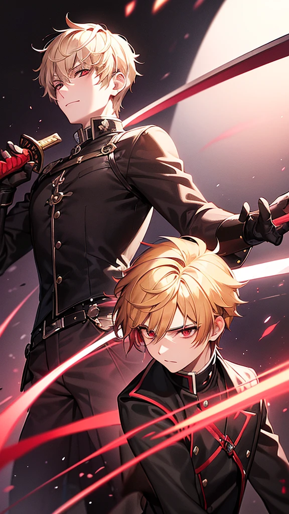 A 17 year old high school boy , short blonde hair with a red streak , crimson eyes shining, with a black jacket with black tones of a swordsman with magic and his sword black as night with red tones with a youthful style , Well