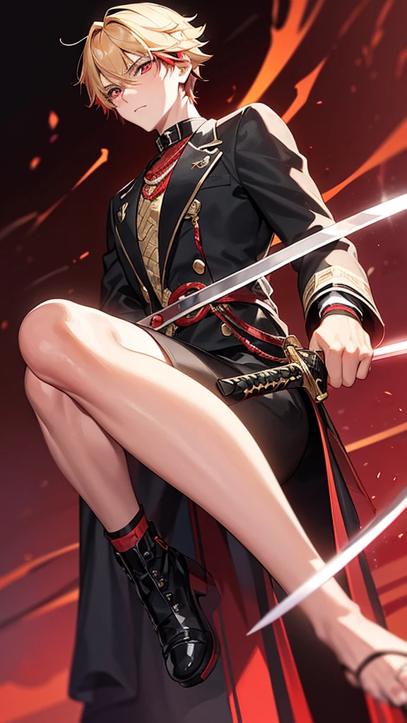 A 17 year old high school boy , short blonde hair with a red streak , crimson eyes shining, with a black jacket with black tones of a swordsman with magic and his sword black as night with red tones with a youthful style , Well