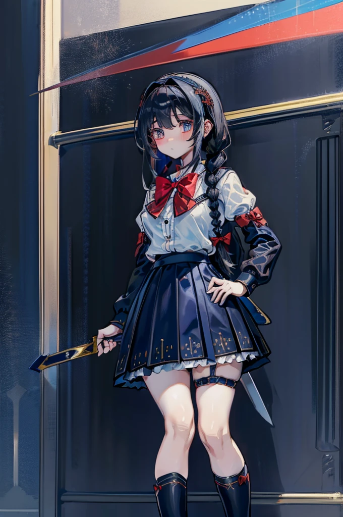 Black-haired girl，Indifferent girl，Golden pupils，Black long hair，braid，braid，脑后braid，Lolita Skirt，Blue Lolita Dress，Lolita style，Blue Skirt，Blue Skirt，Blue Skirt，Blue Skirt，蓝白Lolita Skirt，Blue Dress，Blue Dress，Red bow tie，Red bow tie，Red bow tie，Red bow tie，Red bow tie，单条braid，单条braid，短braid，Repressive style，Garter，Garter，Garter，Large Breasts，Great Sword，手持Great Sword，手持Great Sword，Great Sword