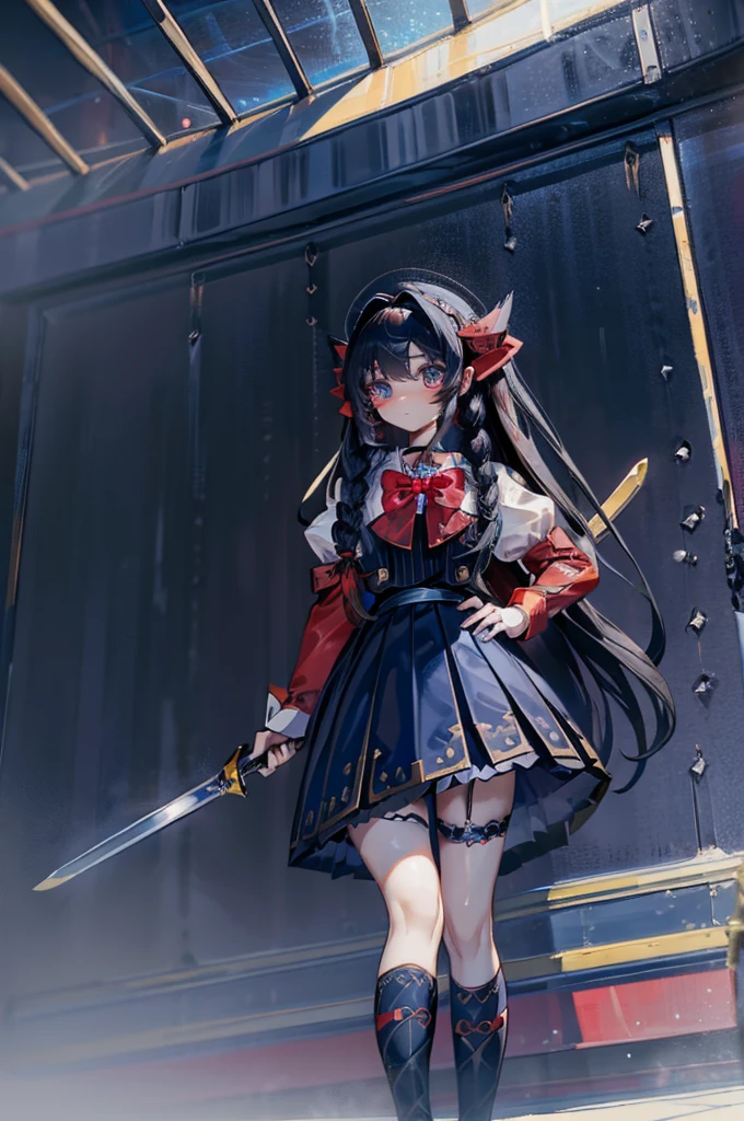 Black-haired girl，Indifferent girl，Golden pupils，Black long hair，braid，braid，脑后braid，Lolita Skirt，Blue Lolita Dress，Lolita style，Blue Skirt，Blue Skirt，Blue Skirt，Blue Skirt，蓝白Lolita Skirt，Blue Dress，Blue Dress，Red bow tie，Red bow tie，Red bow tie，Red bow tie，Red bow tie，单条braid，单条braid，短braid，Repressive style，Garter，Garter，Garter，Large Breasts，Great Sword，手持Great Sword，手持Great Sword，Great Sword