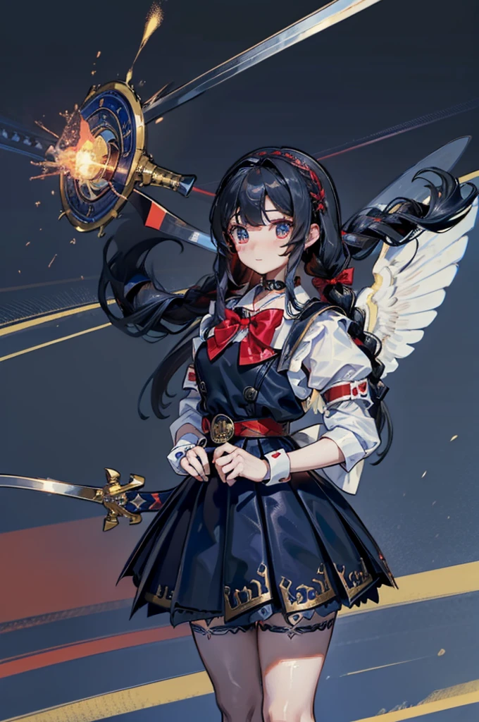 Black-haired girl，Indifferent girl，Golden pupils，Black long hair，braid，braid，脑后braid，Lolita Skirt，Blue Lolita Dress，Lolita style，Blue Skirt，Blue Skirt，Blue Skirt，Blue Skirt，蓝白Lolita Skirt，Blue Dress，Blue Dress，Red bow tie，Red bow tie，Red bow tie，Red bow tie，Red bow tie，单条braid，单条braid，短braid，Repressive style，Garter，Garter，Garter，Large Breasts，Great Sword，手持Great Sword，手持Great Sword，Great Sword