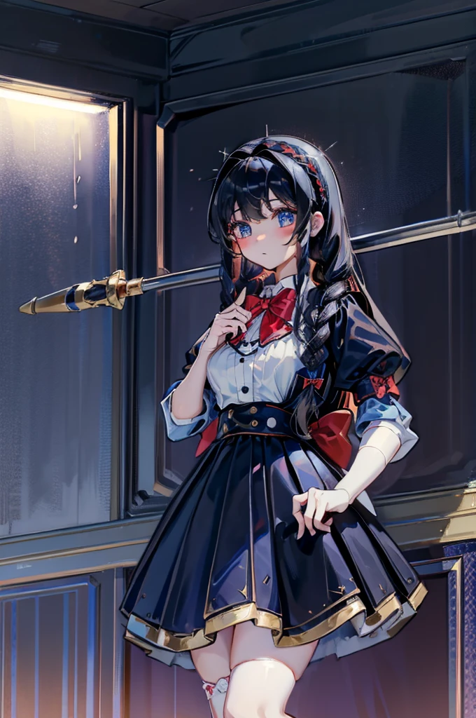 Black-haired girl，Indifferent girl，Golden pupils，Black long hair，braid，braid，脑后braid，Lolita Skirt，Blue Lolita Dress，Lolita style，Blue Skirt，Blue Skirt，Blue Skirt，Blue Skirt，蓝白Lolita Skirt，Blue Dress，Blue Dress，Red bow tie，Red bow tie，Red bow tie，Red bow tie，Red bow tie，单条braid，单条braid，短braid，Repressive style，Garter，Garter，Garter，Large Breasts，Great Sword，手持Great Sword，手持Great Sword，Great Sword