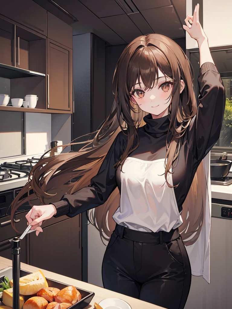 1girl, long brown hair, woman, brown eyes, smile, wearing black turtleneck, dark gray pants, house, kitchen, absurdres, high res, ultrasharp, 8K, masterpiece