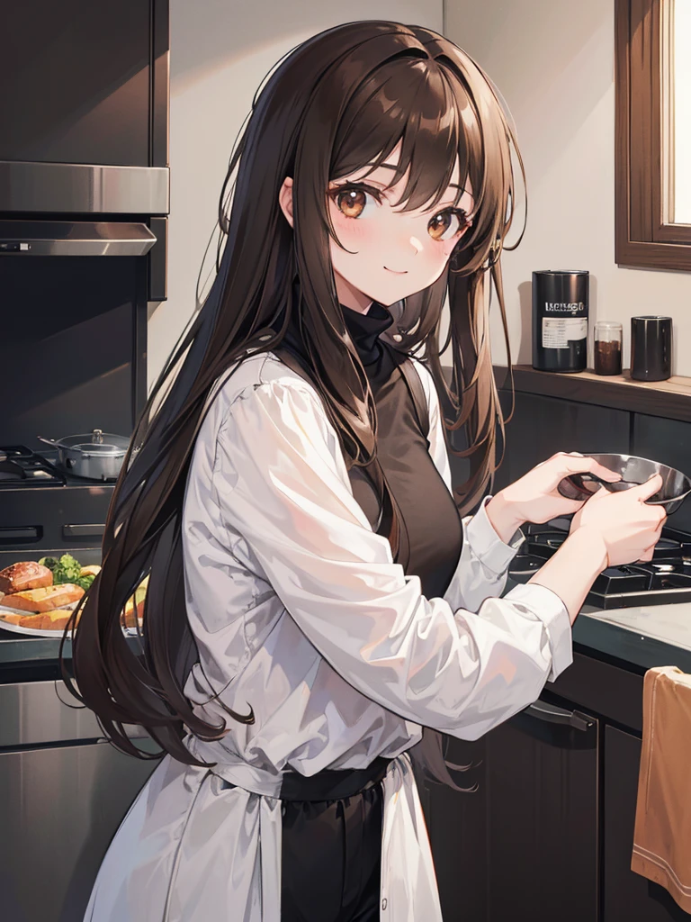 1girl, long brown hair, woman, brown eyes, smile, wearing black turtleneck, dark gray pants, house, kitchen, absurdres, high res, ultrasharp, 8K, masterpiece