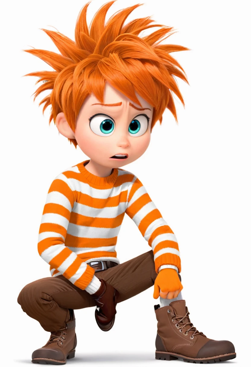 Anxious (a boy character in the movie "Inside Out" with orange wig with wild, spiky hair, an orange and white striped sweater, and brown corduroy pants. Accessorize with a brown belt, orange gloves, and a pair of brown boots) is anxious about dont know what to do next, worry about his own life, emotional, wondering, thinking face, hand on the face, worry, not happy, anxious