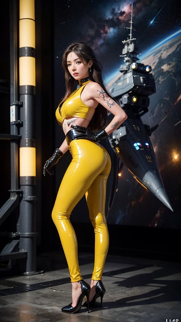 ((masterpiece:1.4)、(Highest quality:1.4)、(Realistic:1.7))、Masterpiece:1.4、(Top-notch rendering:1.4)、(Kaoru, the beautiful navigator of the Space Battleship Fuji:1.4)、Super Beauty航海士Kaoru、(By Luis Royo:1.4)、(A uniform that accentuates your beautiful figure:1.2)、(Futuristic sci-fi battle fashion:1.2)、(Street Style Wear)、(Tight Fit Pants)、(Shiny luxury latex:1.4)、(Luxury yellow latex:1.4)、19 years old、(Cute Tattoos:1.4)、(Wearing yellow gloves)、Cute Girl、Super Beauty、(Seductive pose)、Sharp Focus、Portrait Photography:1.4、8K、Photorealistic images:1.4、(Perfect female body:1.4)、Perfect proportions、(Standing:1.4)、(Upper body shot:1.4)、Beautiful Face、Fearless look、Beautiful Eyes、(A girl with a beautiful body and slender abdominal muscles)、(Narrow waist:1.4)、(9-body proportions beautiful girl:1.4)、(A beautiful girl with long legs and a good figure:1.4)、Beautiful feet:1.4、(Long Hair:1.2)、Heavy makeup、Eyeshadow、Glow Eye、Glow Lip、Beautiful breasts、Large Breasts:1.2、sexy ass、(Standing facing forward:1.4)、Raw photo、Red lips、Yellow high heels:1.4、choker:1.4、necklace:1.4、Earrings:1.4、1 Screen Display:1.4、Space Battleship Fuji's bridge:1.2