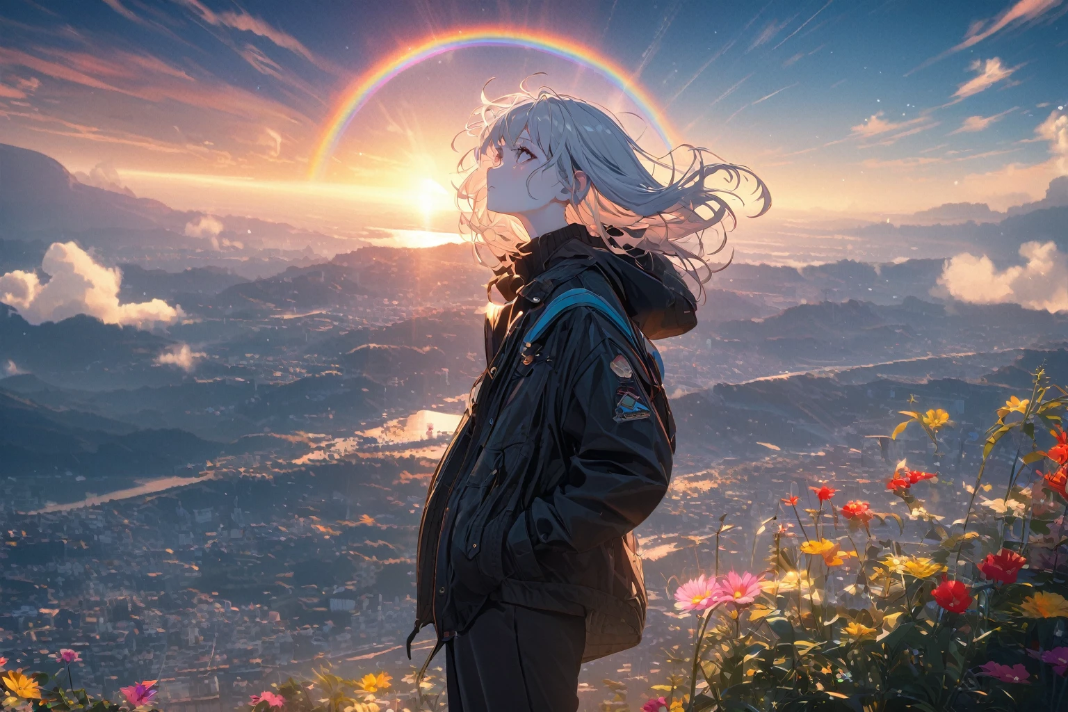 Angelic, detailed woman, sunrise, rainbow, After the Rain, horizon, In the sky, city , Lens flare, colorful,coat, Put your hands in your pockets,(student, 18-year-old, ＪＫ, Her short silver hair sways, Pale skin,) Looking up at the sky, Beautiful sky, The scenery is beautiful., 広いLooking up at the sky, Colorful summer flowers are blooming everywhere., I see the wind blowing and shining, In the skyは正午の月と正午の星がある,From below, break ,quality(8K,非常に精細なCGユニットのwallpaper, masterpiece,High resolution,top-quality,top-quality real texture skin,Surreal,Increase the resolution,RAW Photos,最高quality,Very detailed,wallpaper,Cinema Lighting,Ray Tracing,Golden Ratio),Have a long-term perspective