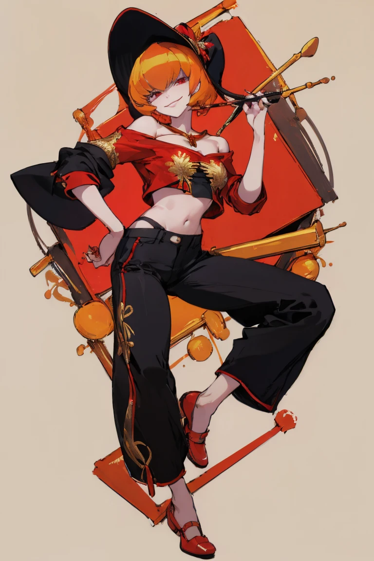 ((Highest quality)), ((masterpiece)), (be familiar with),Clementine,Overload,nsfw,Red Shirt,No sleeve,Gold embroidery,shoes,Fascinating,Black pants,Bewitching Smile,whole body