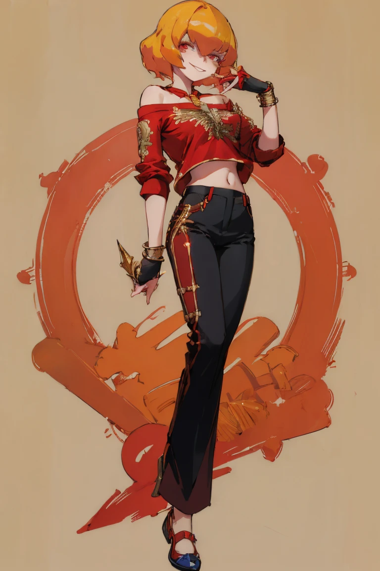 ((Highest quality)), ((masterpiece)), (be familiar with),Clementine,Overload,nsfw,Red Shirt,No sleeve,Gold embroidery,shoes,Fascinating,Black pants,Bewitching Smile,whole body