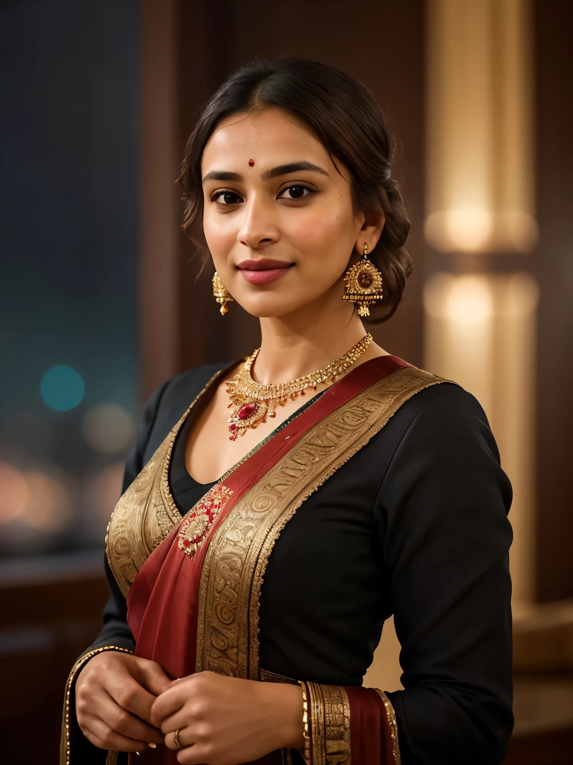 In this photograph, an Indian woman in her mid-30s takes center stage. , styled in a chic and stylish manner, perfectly framing her face. Her highly detailed face exudes confidence and grace, enhanced by a subtle smile. The background showcases a 5-star hotel’s moody private study, evoking a sense of luxury and sophistication. The photograph, captured by Lee Jeffries using a Nikon D850 with a film stock of 4 Kodak Portra 400 and a camera f1.6 lens, displays rich colors, hyper-realistic and lifelike texture, dramatic lighting, and realistic detail.

The woman is wearing a sleek black dress that exudes elegance and sophistication. The dress is tastefully designed, accentuating her stylish look. She completes her ensemble with minimalistic yet striking jewelry, adding to her sophisticated appearance.

The photograph is meticulously captured in 8K resolution using cutting-edge techniques such as Cinema 4D and Octane Render, resulting in a highly detailed and photorealistic image. Studio lighting, HDR, and a smoky mist create a captivating ambiance, while the bokeh effect adds an artistic touch.