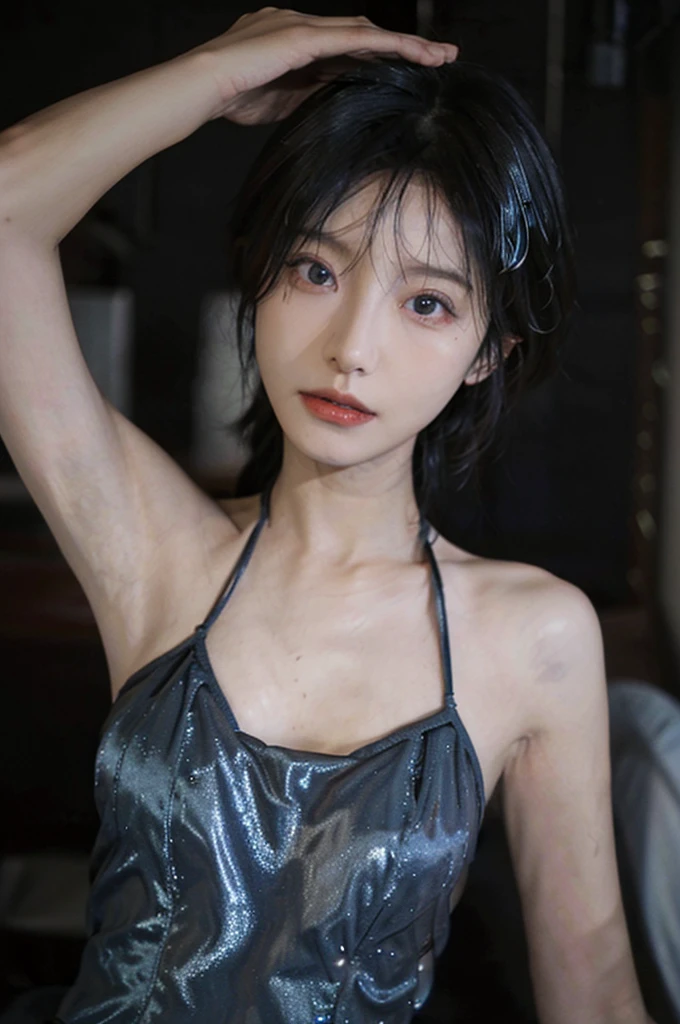 best qualtiy， Ultra-high resolution， （realisticlying：1.4），1girll，short hair，Beautiful woman with a slim figure:1.4, Pronounced abs, Ultra-fine face，Elaborate Eyes，double eyelids