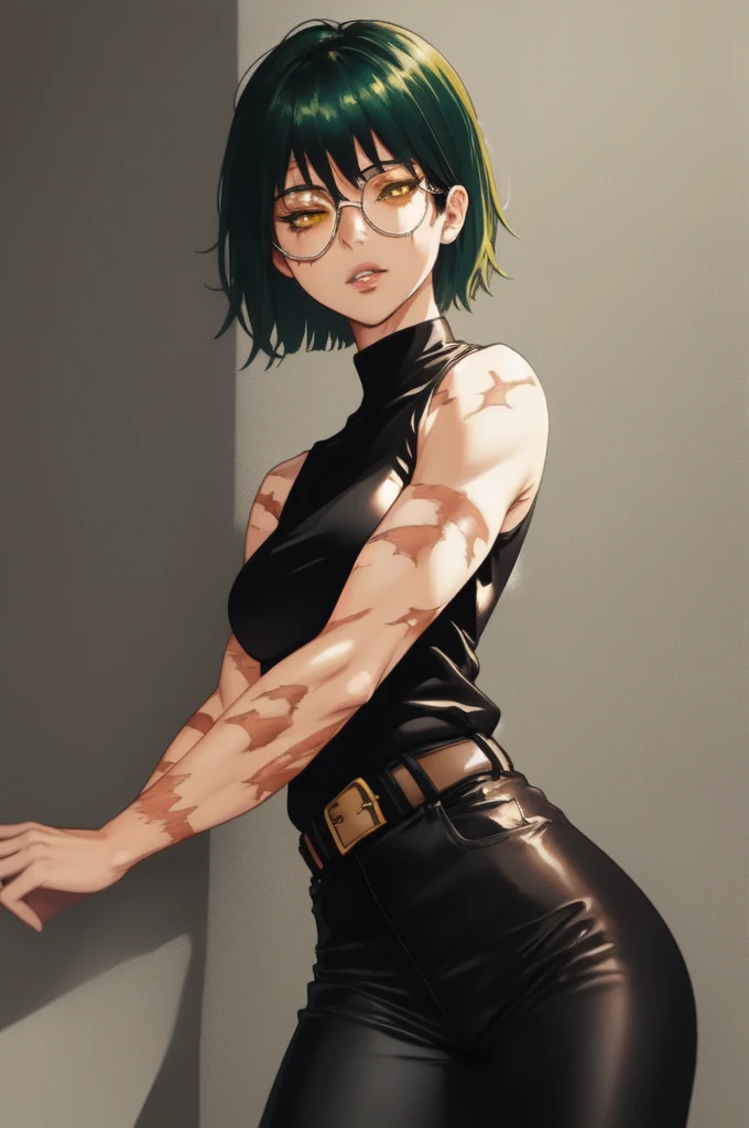 MakiShS1, solo, scar, short hair, 1girl, scar on face, looking at viewer, glasses, burn scar, green hair, sleeveless, belt, pants, bangs, cowboy shot,  shirt, muscular, bandages, round eyewear, bandage over one eye, normal breasts, bare shoulders, closed mouth, muscular female, turtleneck, yellow eyes, black pants, black shirt, scar on arm, parted lips, black clothes, sleeveless shirt, high-waist pants, suicide, almost die, BREAK
masterpiece, best quality, highly detailed background, perfect lightingbest quality, ((shiny skin, glossy skin, detailed skin))