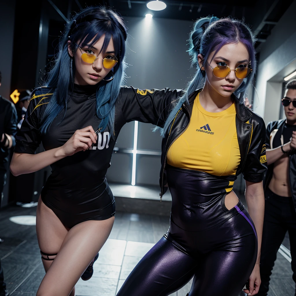 anime drawing of EulaLawrence with blue_hair and yellow_eyes and purple_eyes, high contrast, high saturation, nightclub,(amber sunglasses),stage,(earphones),racing clothes,dancing