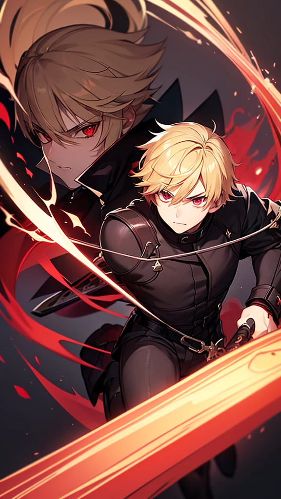 A 17 year old high school boy , short blonde hair with a red streak , crimson eyes shining, with a black jacket with black tones of a swordsman with magic and his sword black as night with red tones with a youthful style , Well