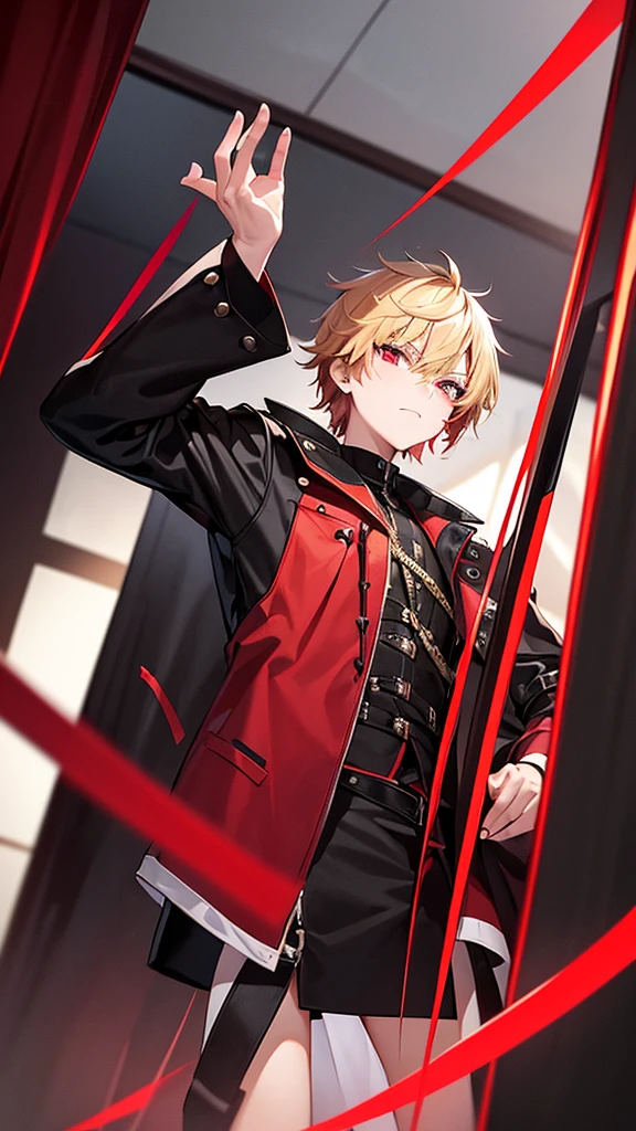 A high school boy , short blonde hair with a red streak , crimson eyes shining, with a black jacket with black tones of a swordsman with magic and his sword black as night with red tones with a youthful style , Well