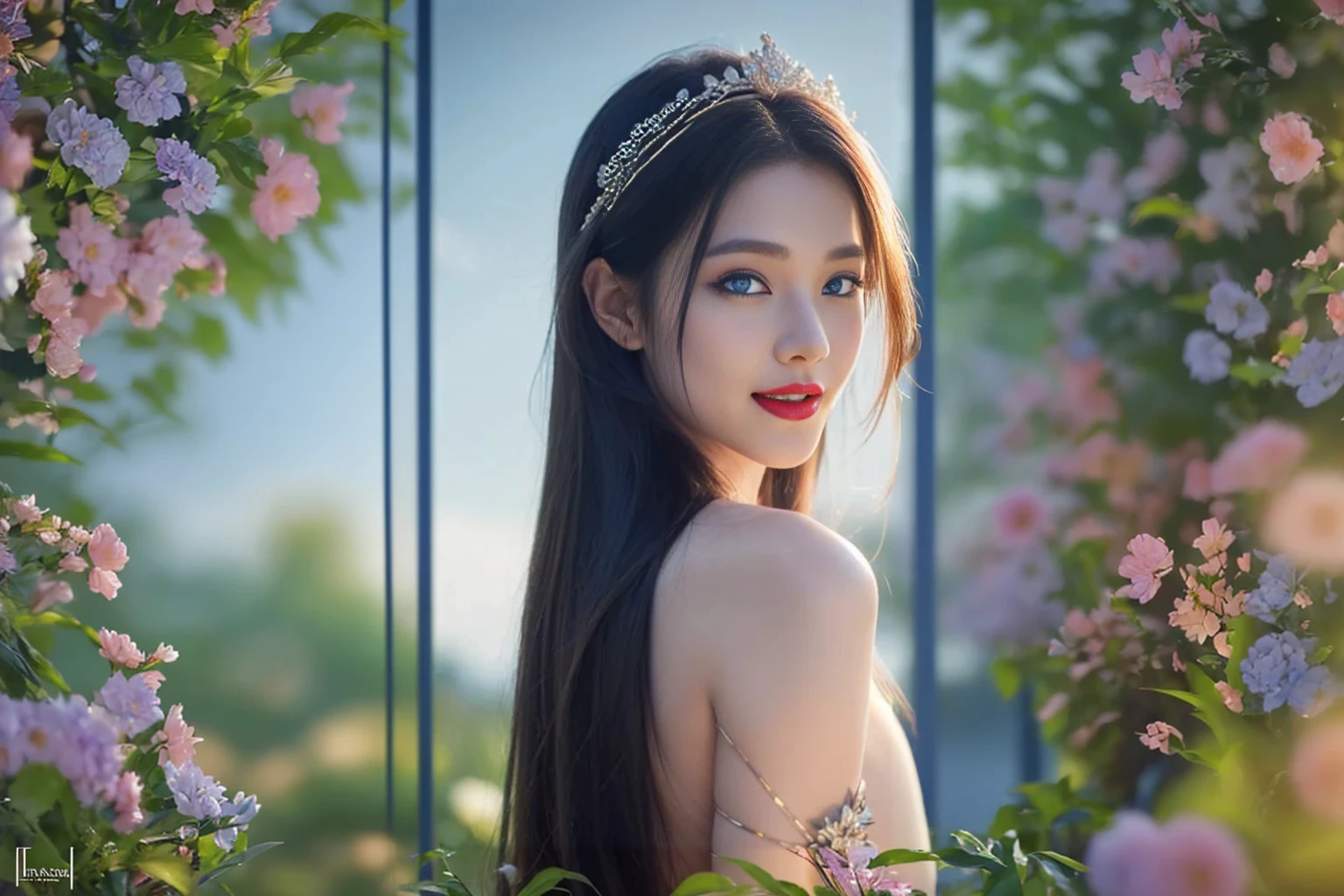 a beautiful young girl, long flowing hair, piercing blue eyes, delicate facial features, elegant posture, standing in a lush garden filled with colorful flowers, sunlight filtering through the trees, warm color palette, cinematic lighting, highly detailed, intricate background, digital painting, award-winning illustration, photorealistic, 8k, masterpiece