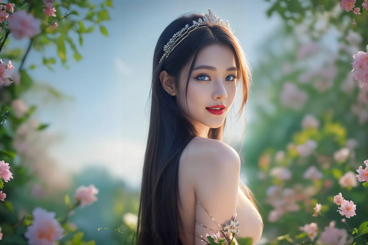 a beautiful young girl, long flowing hair, piercing blue eyes, delicate facial features, elegant posture, standing in a lush garden filled with colorful flowers, sunlight filtering through the trees, warm color palette, cinematic lighting, highly detailed, intricate background, digital painting, award-winning illustration, photorealistic, 8k, masterpiece