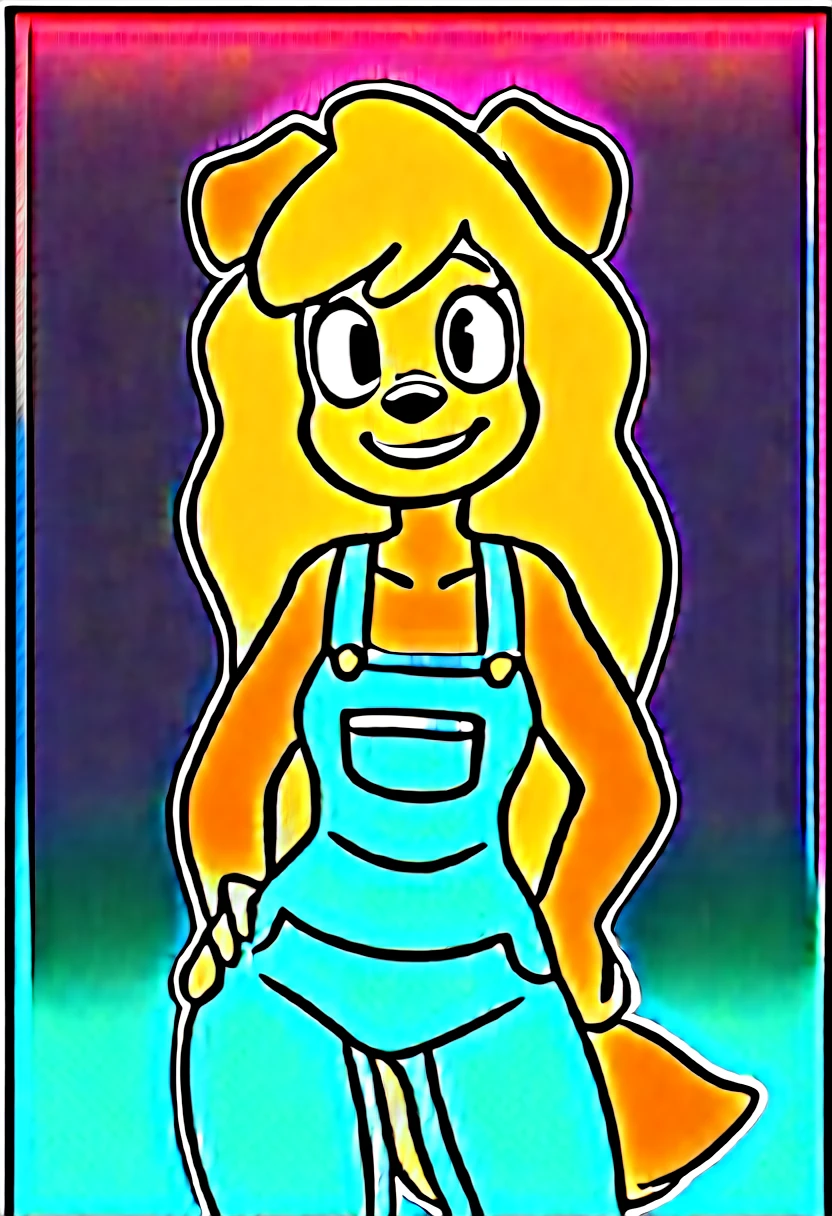 On top of a building, tall building, rainy weather ,lilotte, solo, 1girl, furry female, long hair, dog ears, black eyes, dog tail, orange overalls, blonde hair, outdoors, dog girl, smile, looking at viewer, hand on own hip, cowboy shot,, score_9, score_8_up, score_7_up, score_6_up, score_5_up, score_4_up