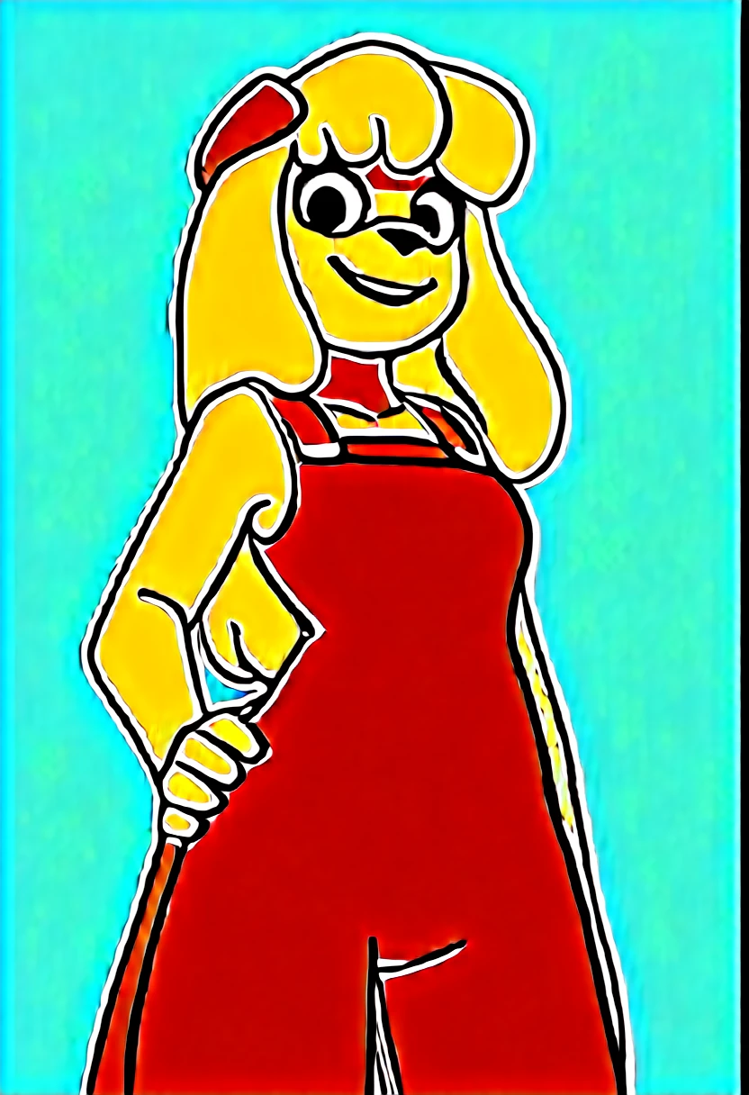 On top of a building, tall building, rainy weather ,lilotte, solo, 1girl, furry female, long hair, dog ears, black eyes, dog tail, orange overalls, blonde hair, outdoors, dog girl, smile, looking at viewer, hand on own hip, cowboy shot,, score_9, score_8_up, score_7_up, score_6_up, score_5_up, score_4_up