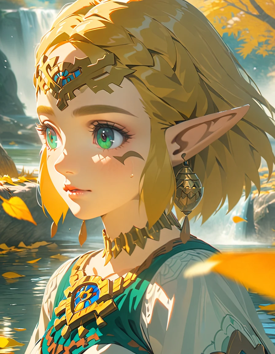 Ultra detailed, highres, absurdres, HDR, Princess Zelda, blond short hair, expressive green eyes, The Legend Of Zelda, water, autumn, petals, orange and yellow leaves, woman, solo, extremely beautiful, very detailed face and eyes, white long dress with patterns, pointy ears, realistic face