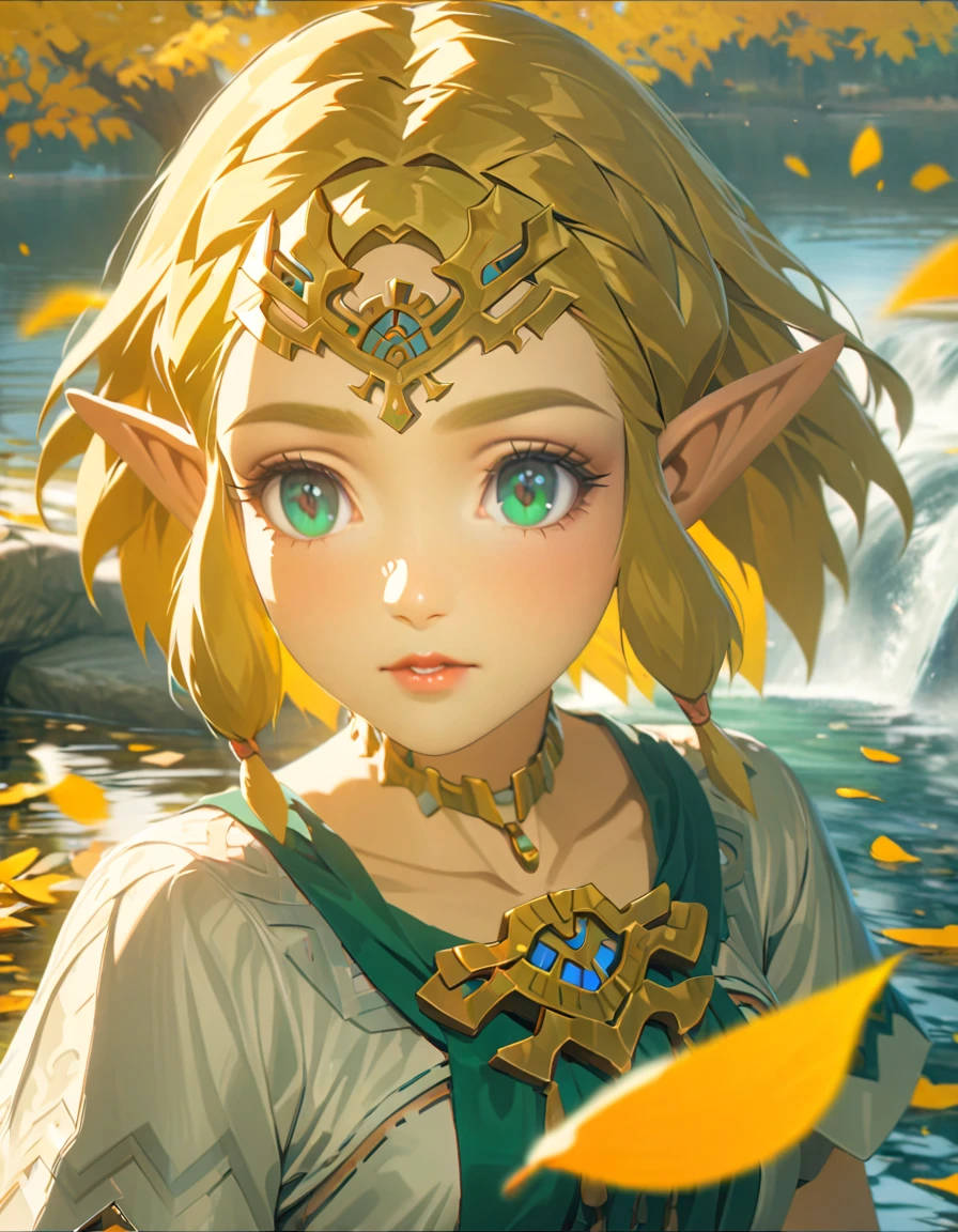 Ultra detailed, highres, absurdres, HDR, Princess Zelda, blond short hair, expressive green eyes, The Legend Of Zelda, water, autumn, petals, orange and yellow leaves, woman, solo, extremely beautiful, very detailed face and eyes, white long dress with patterns, pointy ears, realistic face