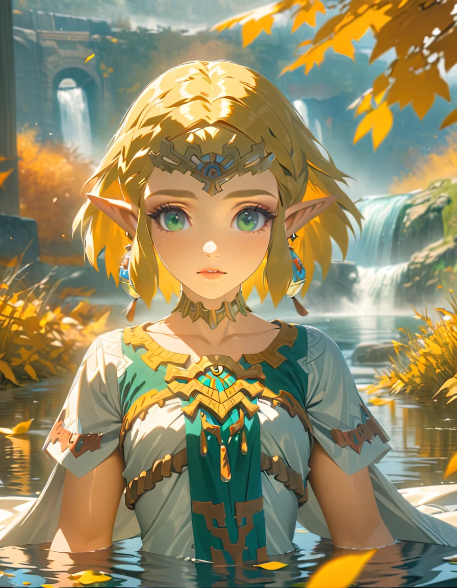 Ultra detailed, highres, absurdres, HDR, Princess Zelda, blond short hair, expressive green eyes, The Legend Of Zelda, water, autumn, petals, orange and yellow leaves, woman, solo, extremely beautiful, very detailed face and eyes, white long dress with patterns, pointy ears, realistic face