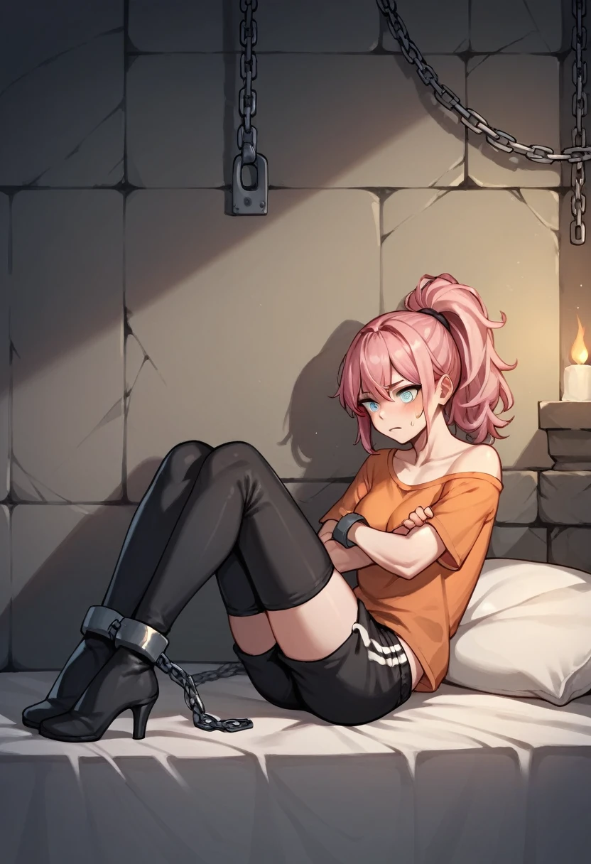 score_9, score_8_up, score_7_up, score_6_up, score_5_up, score_4_up, source_anime, 1girl,bed ,pink hair, ponytail, white eyes, w-w-chain, shackles , crossed arms, shackles loose hair, black orange shirt,sweatpants,black thigh high boots, heels , night , dungeon, best quality, best res, 4K UHD,
