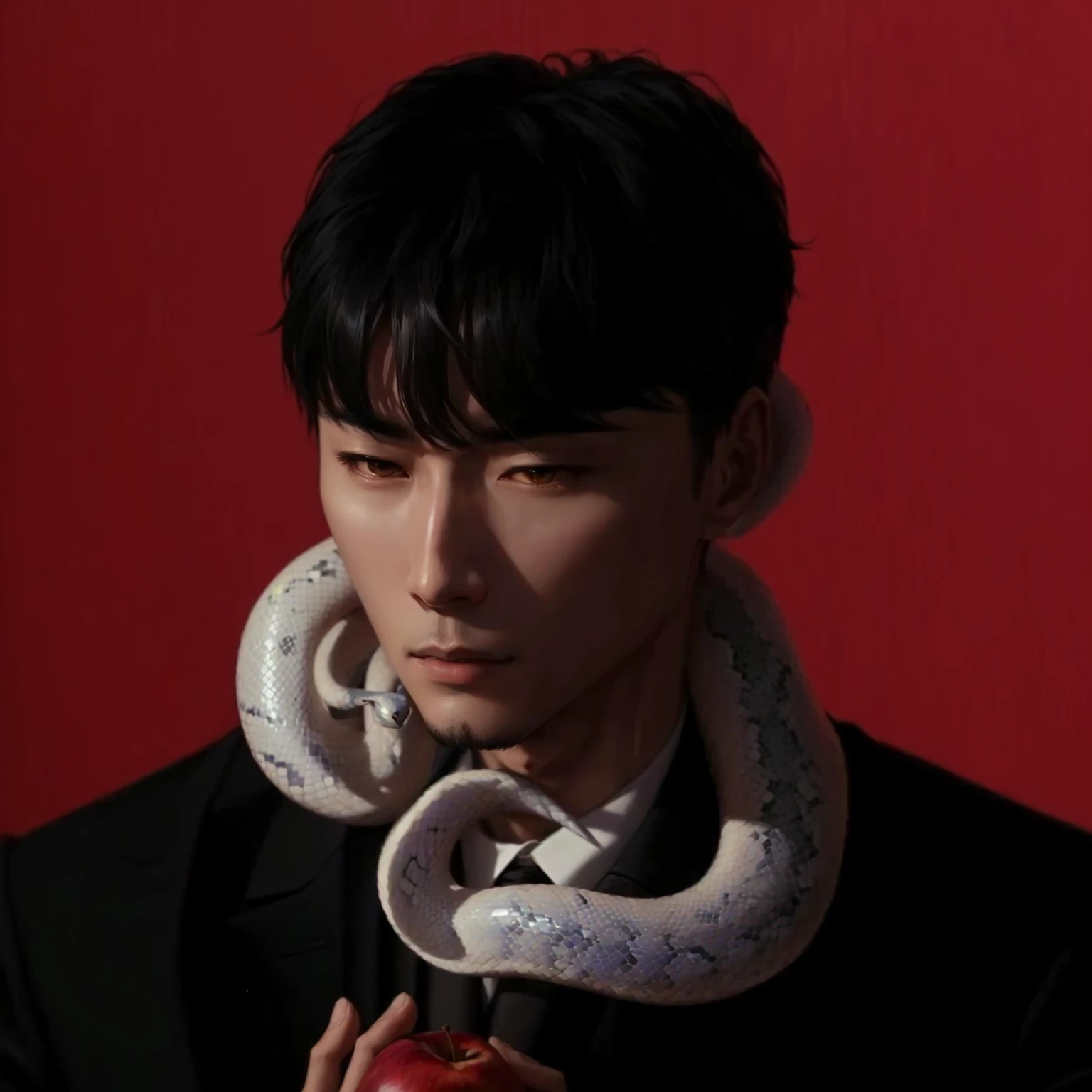 Arafed man in suit holding an apple and a snake wrapped around his neck., lee wonbin, shinji, inspired by jeonseok lee, kim taejin, jinyoung shin, Steven Klein, campaña like boys, inspired by Yanjun Cheng, cai xukun, Inspired by Shinji Aramaki, araki, Shiny from the rain, seson yoon