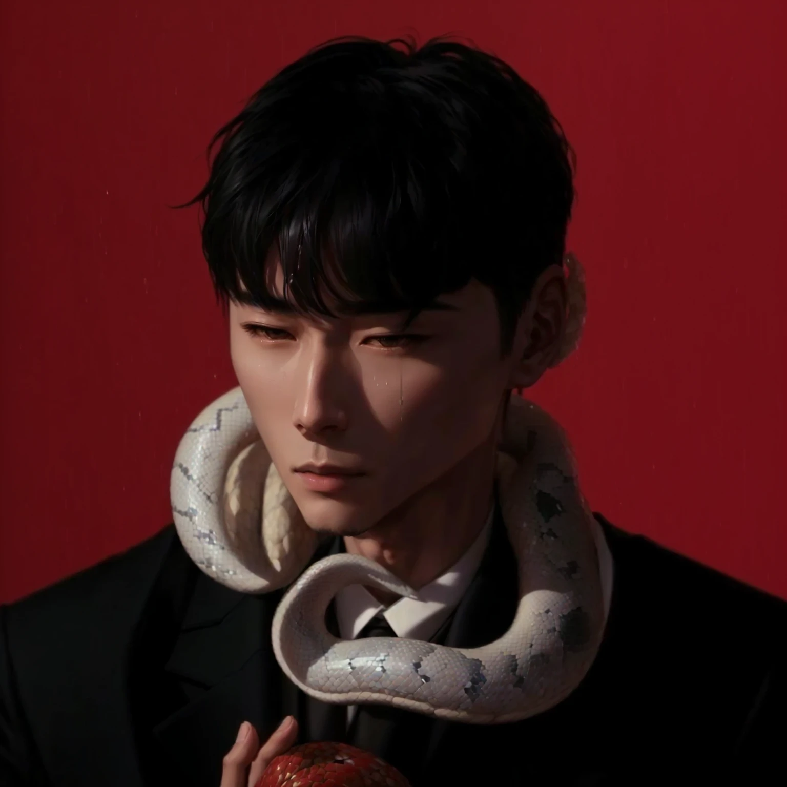 Arafed man in suit holding an apple and a snake wrapped around his neck., lee wonbin, shinji, inspired by jeonseok lee, kim taejin, jinyoung shin, Steven Klein, campaña like boys, inspired by Yanjun Cheng, cai xukun, Inspired by Shinji Aramaki, araki, Shiny from the rain, seson yoon
