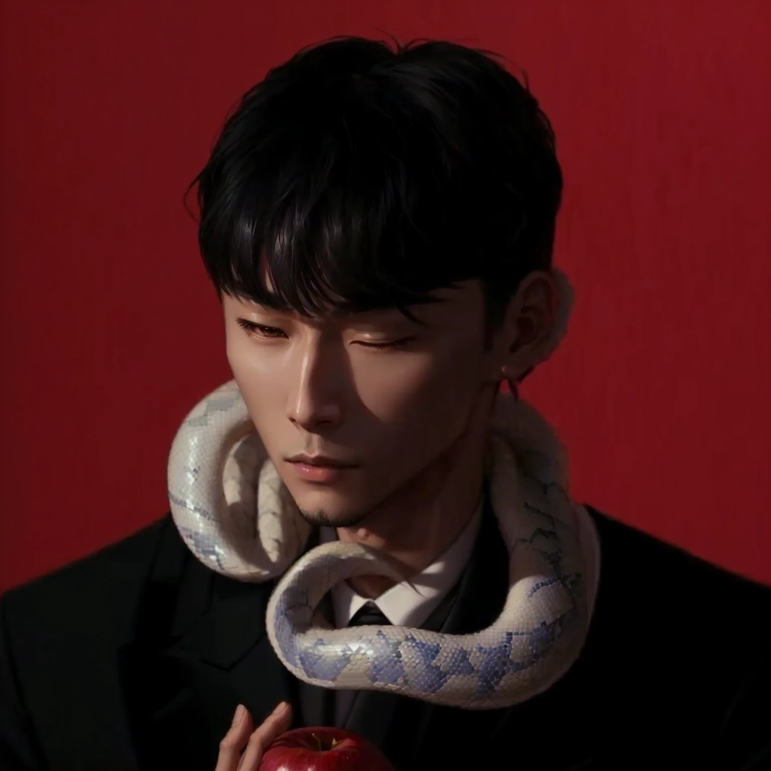 Arafed man in suit holding an apple and a snake wrapped around his neck., lee wonbin, shinji, inspired by jeonseok lee, kim taejin, jinyoung shin, Steven Klein, campaña like boys, inspired by Yanjun Cheng, cai xukun, Inspired by Shinji Aramaki, araki, Shiny from the rain, seson yoon