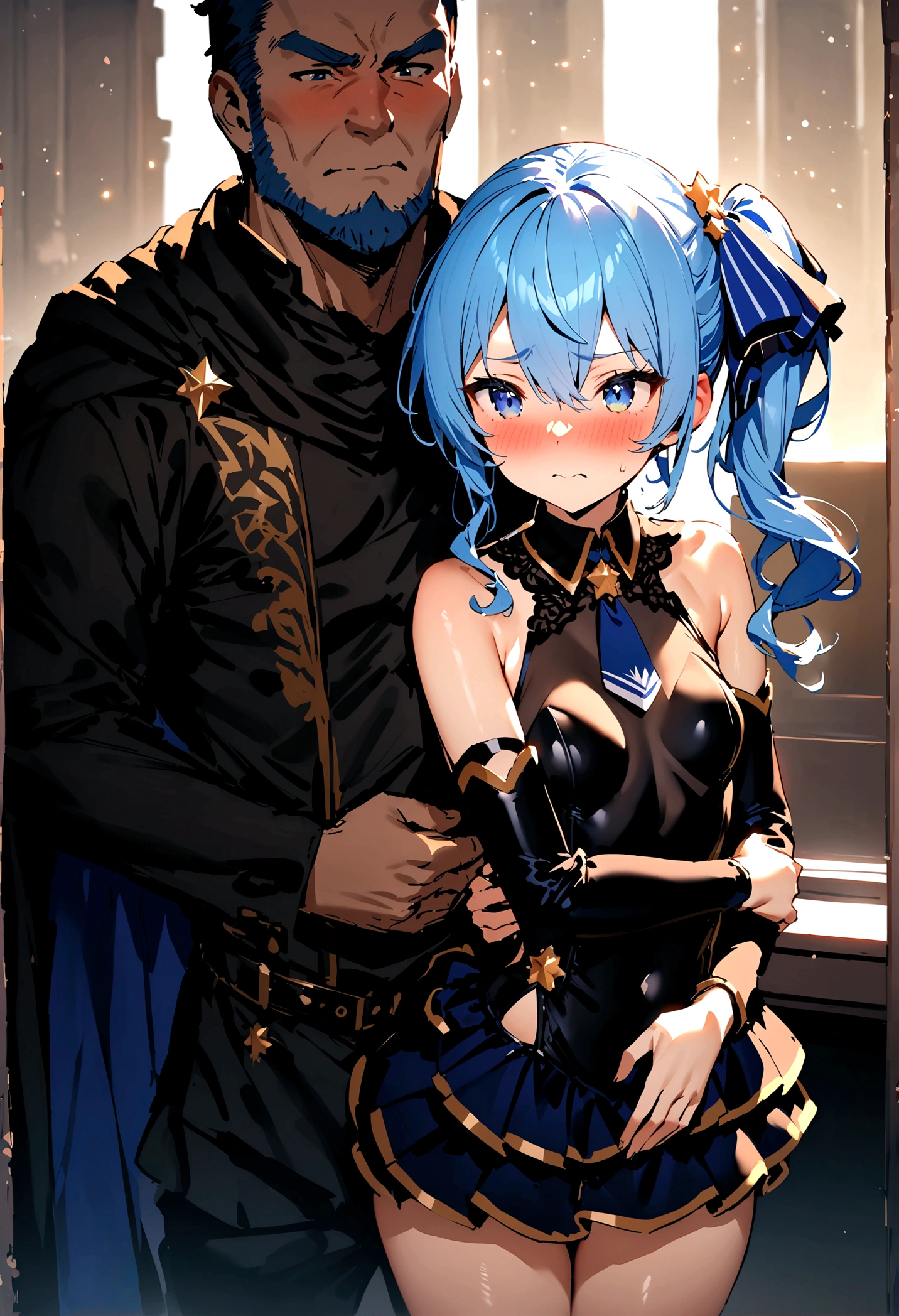 NSFW,masterpiece,Highest quality,High resolution,Super detailed,Star Town Suisei\(Hololive\),Blue Hair,One Side Ponytail,Blue Eyes,Small ,leotard,Removable sleeves,Micro Mini Skirt,Cape,Adventurer's Guild,Reception counter,Embarrassed,blush,Expecting face,(Strong-faced men),A man puts his hands on her waist and hugs her