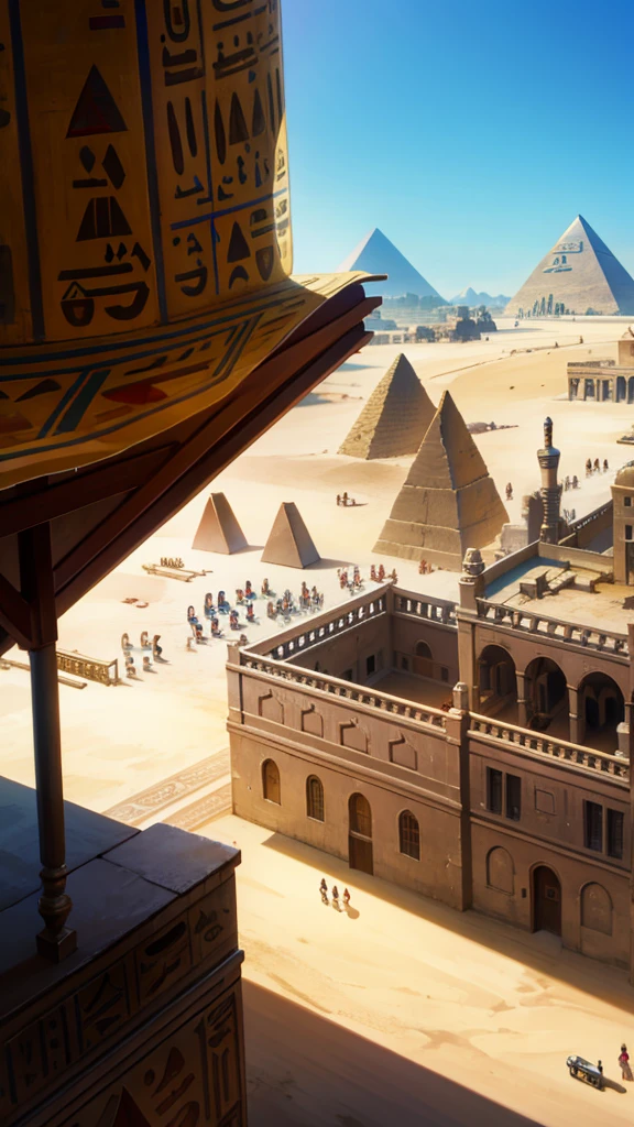 egypt city, tents, balcony, pyramid in the distance, day,
