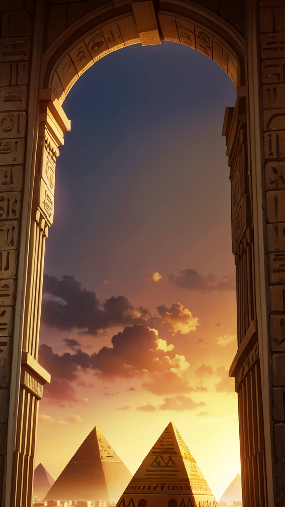 egypt city, tents, balcony, pyramid in the distance, day,