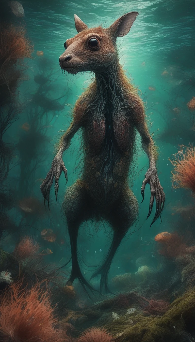 Great image quality, masterpiece, best image quality, super detailed, ultra detailed, UHD, HDR, DOF, depth of field, fictional terrifying creature living in a floating algae forest that is a cross between a kangaroo and a jellyfish, leaping around with transparent body, firing venomous needles, entire body