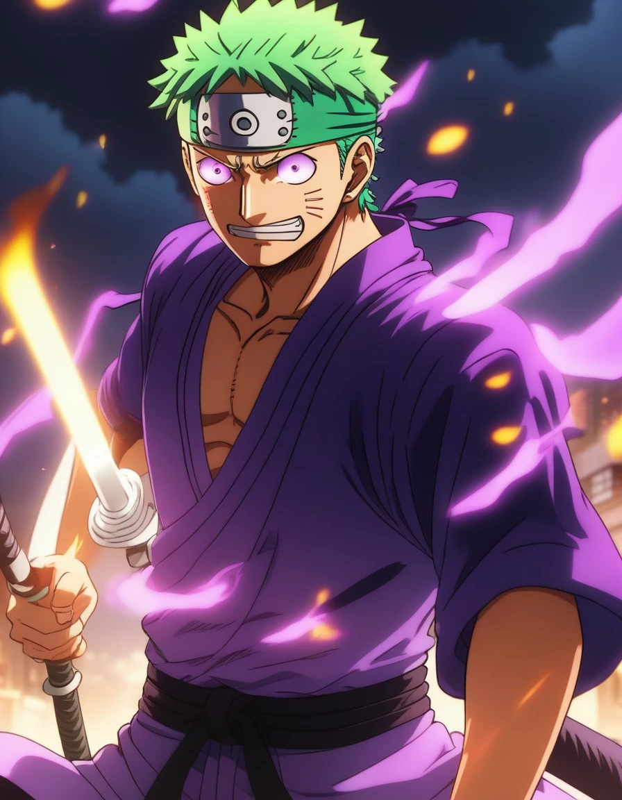 1boy, male focus, Zoro, One piece, injury, haki,, masterpiece, best quality, very aesthetic, absurdres, depth of field, fighting, glowing purple eyes