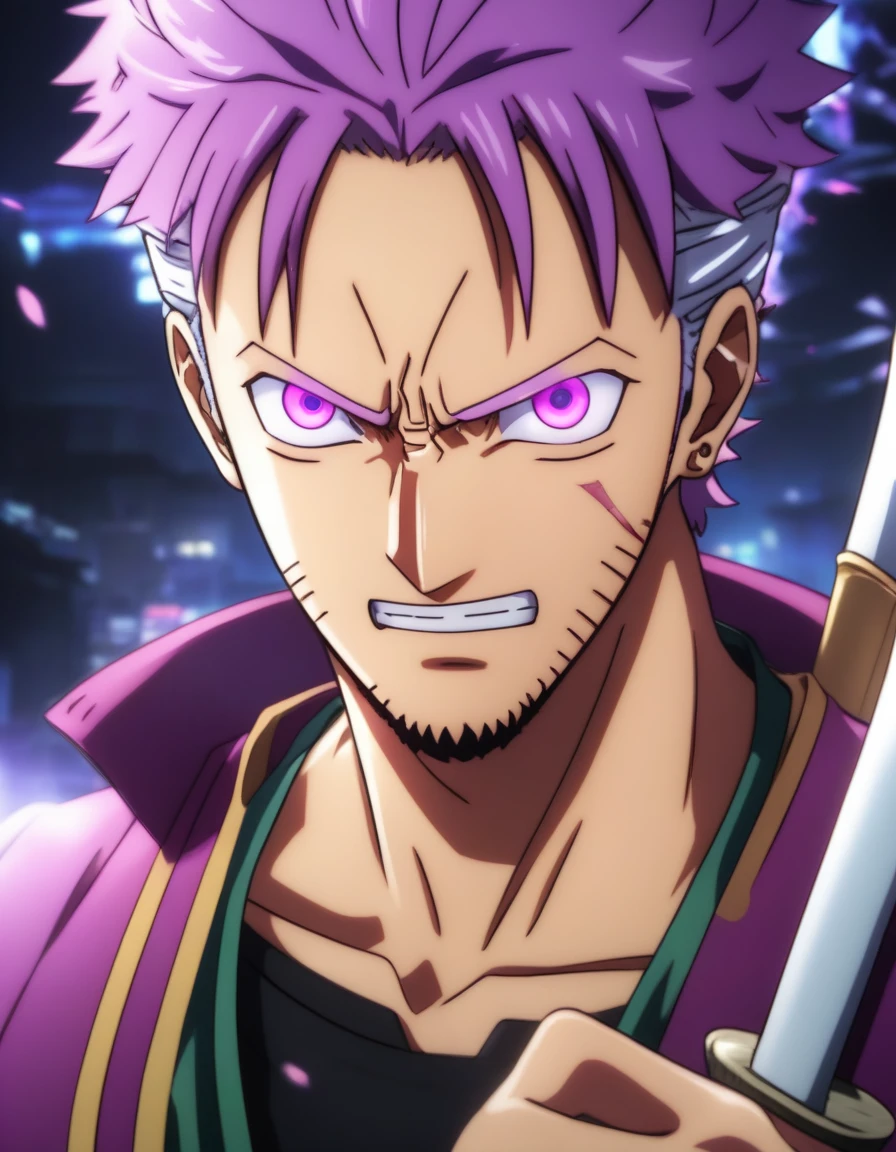 1boy, male focus, Zoro, One piece, injury, haki,, masterpiece, best quality, very aesthetic, absurdres, depth of field, fighting, glowing purple eyes