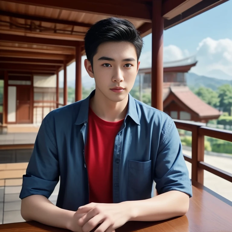 Haraf man looking at camera, perfect has a round face, Southeast Asian man with a round face, Profile picture, Warm light, realistic light colors, beautiful, charming anime, black short hair, stereoscopic 8k,45 high quality colored lights,000,000,000 pixels, photo, post-trade photo, animation, Beautiful, realistic portraits in comfortable poses, Anime Asian man in real life, Handsome man with perfect body,Wear a jeans shirt., Freestyle photo of a handsome young man, beautiful asian man, The character is in her natural pose.,