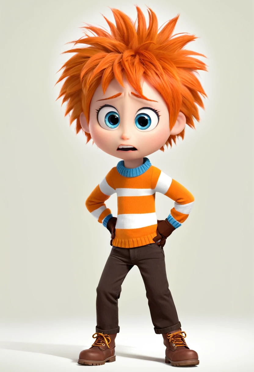 Anxious (a boy character in the movie "Inside Out" with orange wig with wild, spiky hair, an orange and white striped sweater, and brown corduroy pants. Accessorize with a brown belt, orange gloves, and a pair of brown boots) is anxious about dont know what to do next, worry about his own life, emotional, wondering, thinking face, hand on the face, worry, not happy, anxious