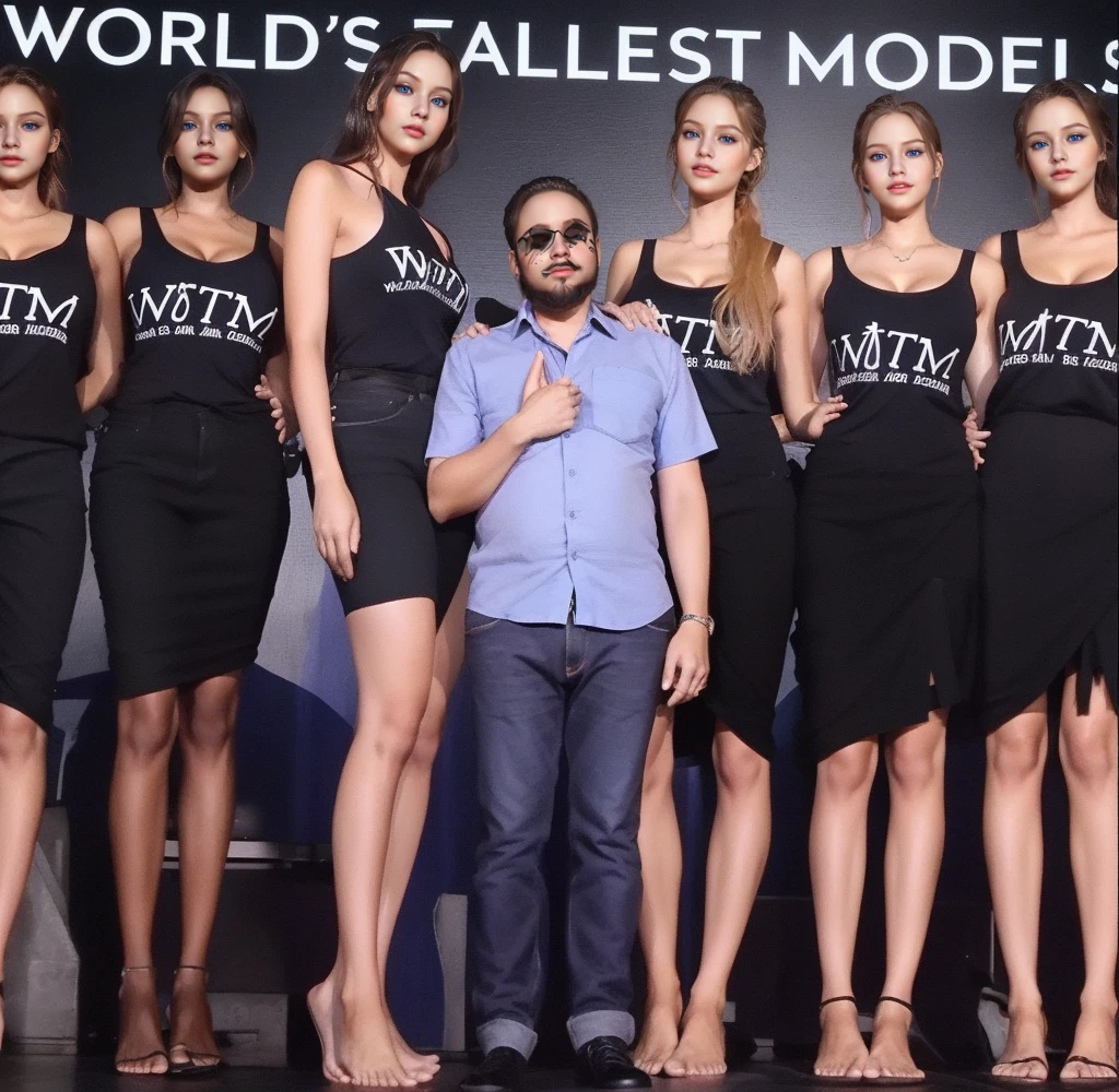 Three tall girls on the lfe left, three tall girls in the right, short man in the middle, the girls are much taller than the man, girls have big  and cleavage, girls are wearing black, man is wearing blue shirt, girls are standing barefoot, man is wearing shoes,