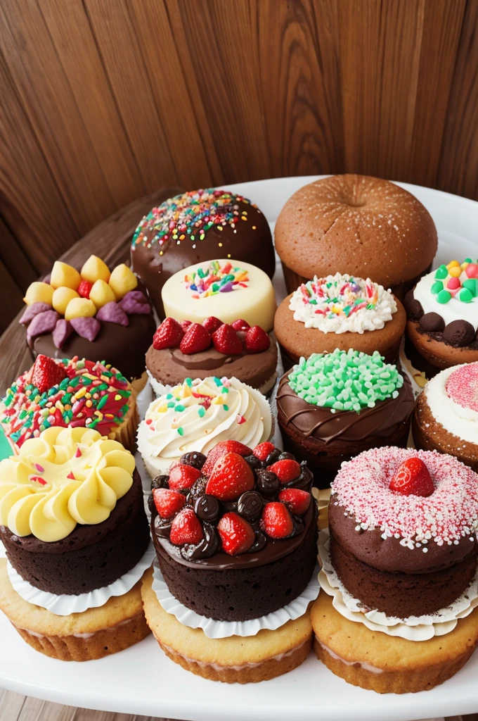 A numoja row of cakes, with several different cakes. Like chocolate cakes and sprinkles on top, de limao, Strawberry and others