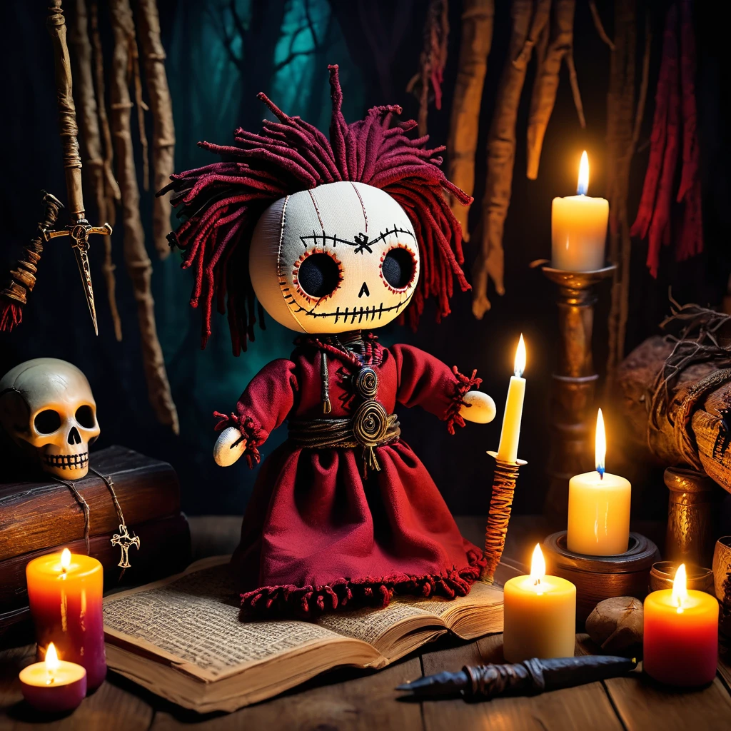 (knitted toy voodoo doll:1.5), (Voodoo Ghostly Ritualist:1.3), (Clothing: tattered ceremonial robes with dark stains:1.0), (Accessories: enchanted cursed ritual dagger, glowing sinister incense:1.1), (background: eerie forest clearing with flickering candles, eerie chanting, and ghostly apparitions:1.2), best quality, masterpiece, detailed soft oil painting, detailed background, dramatic cinematic lighting, soft edge lighting, professional, dramatic lighting, hard edge lighting, ultra quality, 4k, masterpiece, best quality, 8k, ultra high definition, high resolution, extremely detailed
