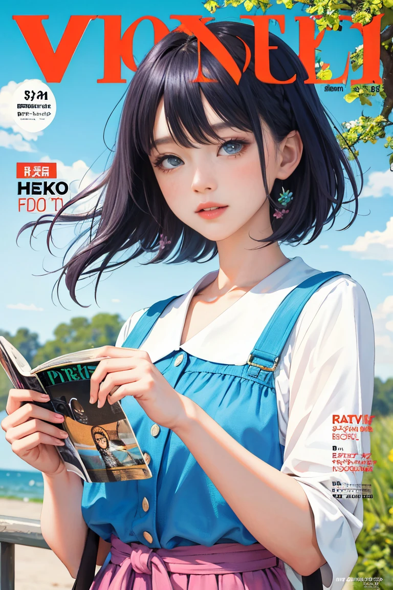 masterpiece, best quality, spring outfit, colorful hair, outdoor, magazine cover ,upper body,