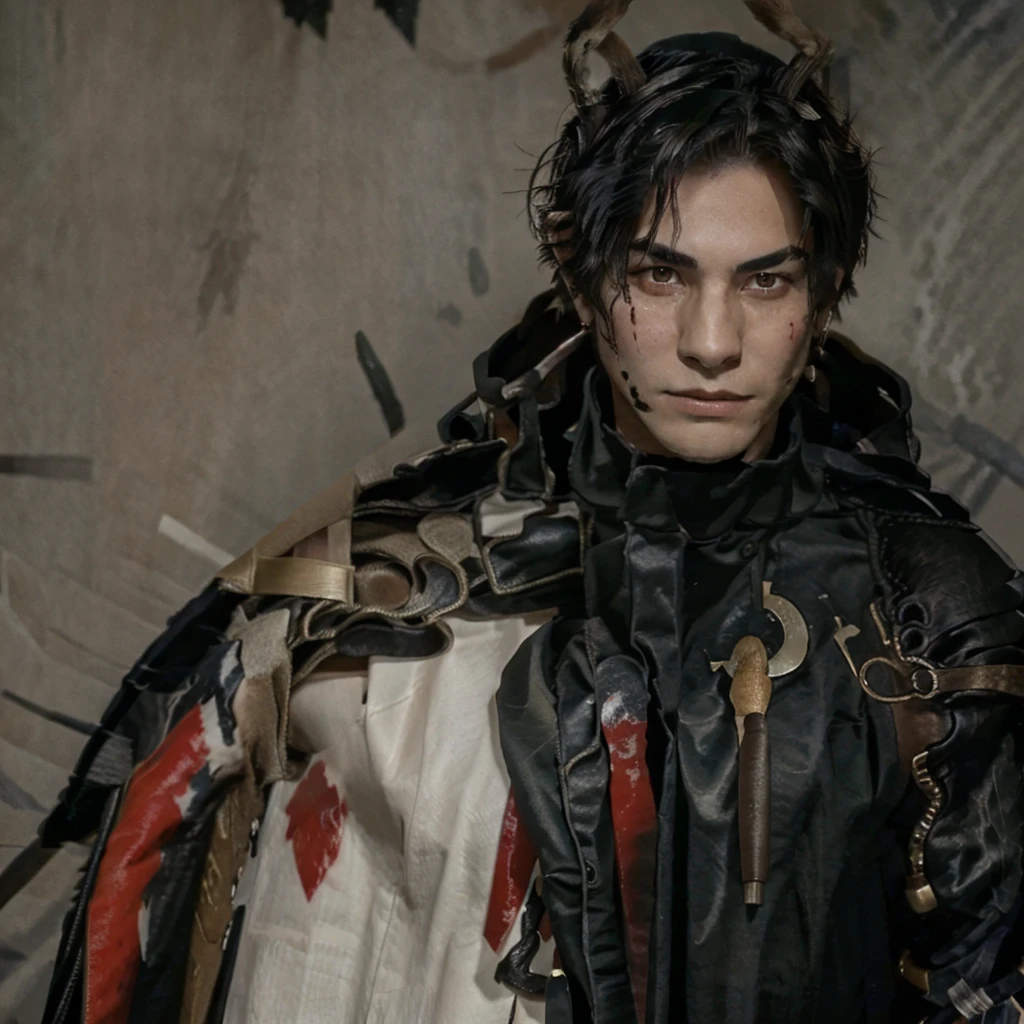 boy with short black hair, Sician warrior clothing, blood stained, and a wolf eye.