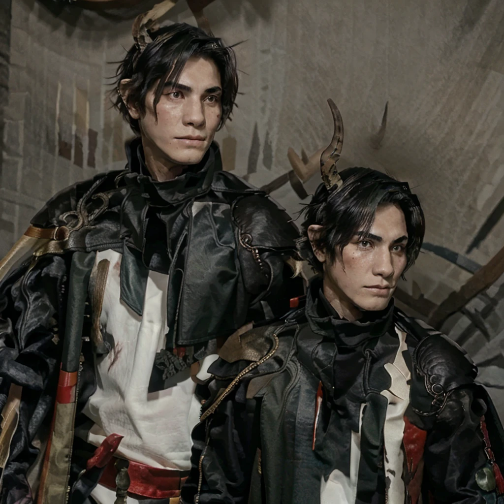 boy with short black hair, Sician warrior clothing, blood stained, and a wolf eye.